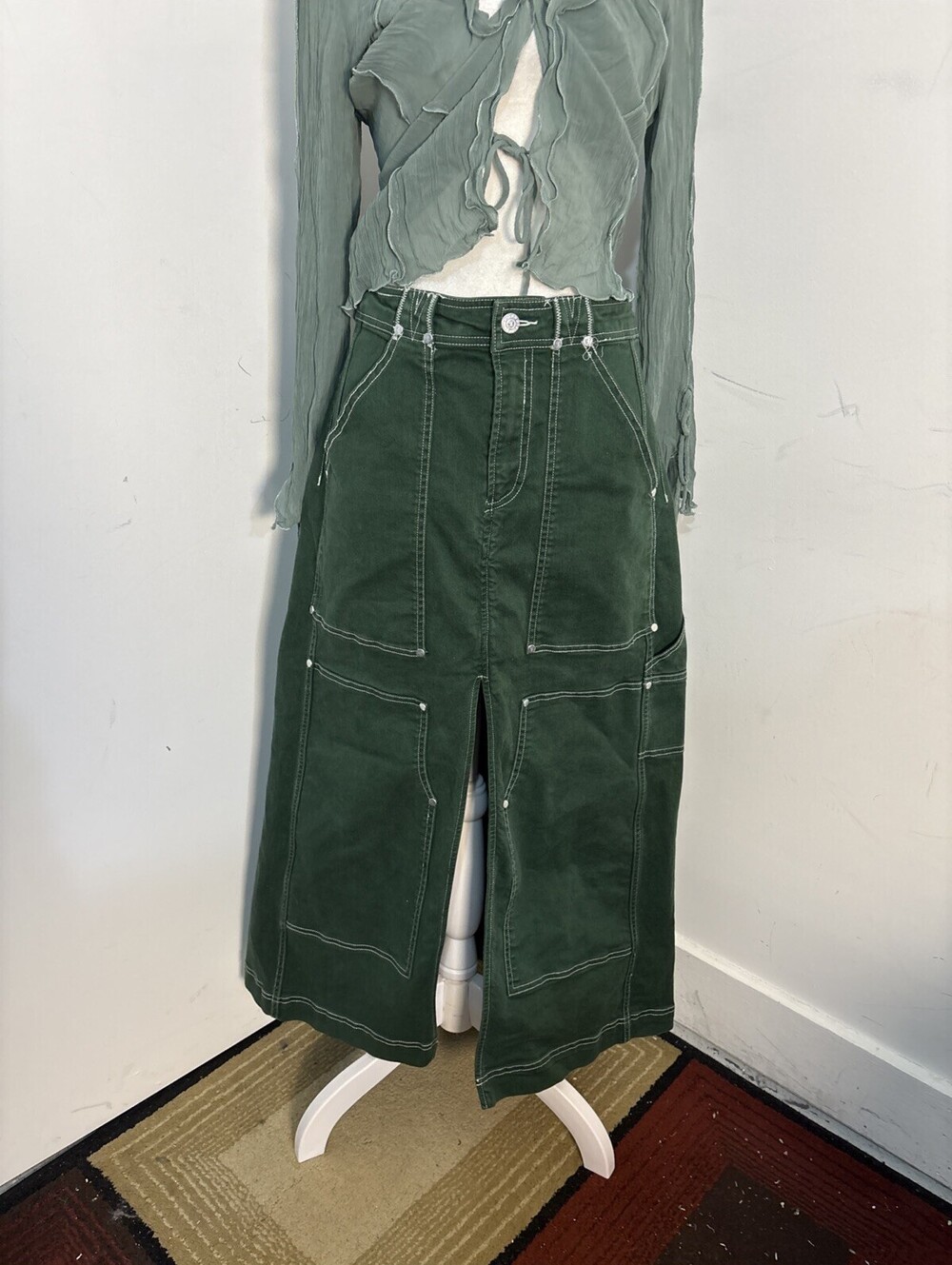 Anthropologie Pilcro Cargo Maxi Skirt Denim Pockets Front Slit Green Sz 6 NWOT - Picture 2 of 14